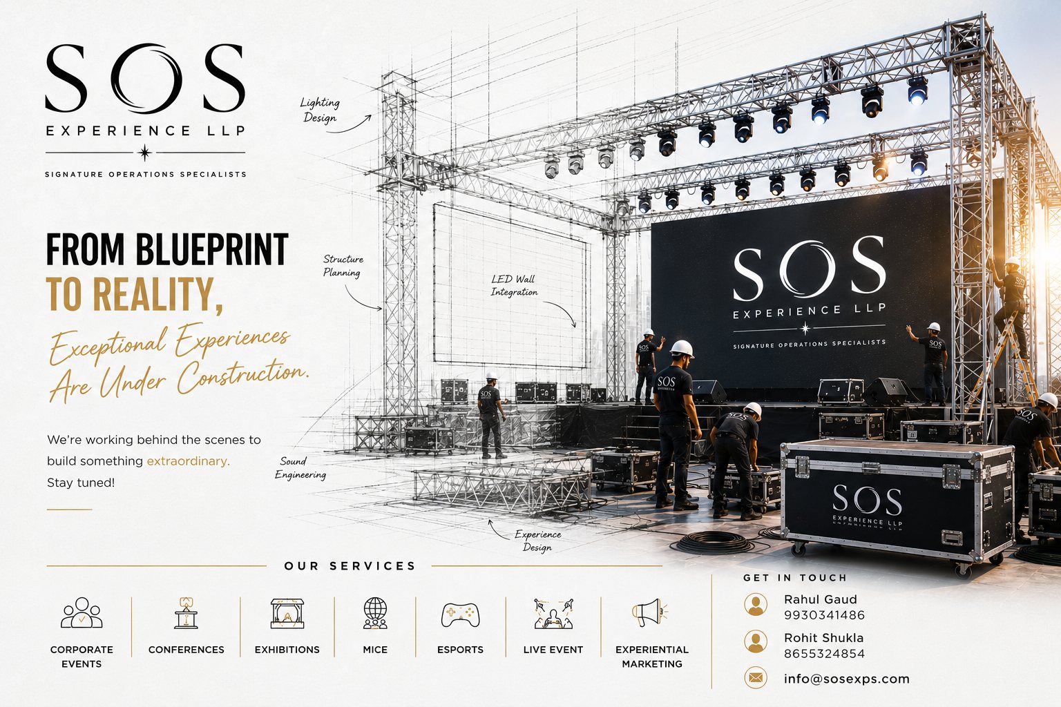 SOS Experience LLP — From blueprint to reality, exceptional experiences are under construction. Services: corporate events, conferences, exhibitions, MICE, esports, live events, experiential marketing.